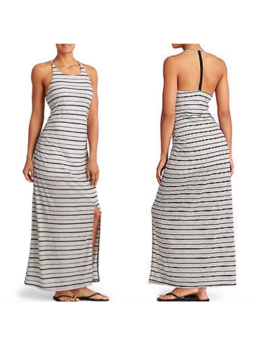 Athleta Black & Gray Striped Halter Maxi Dress